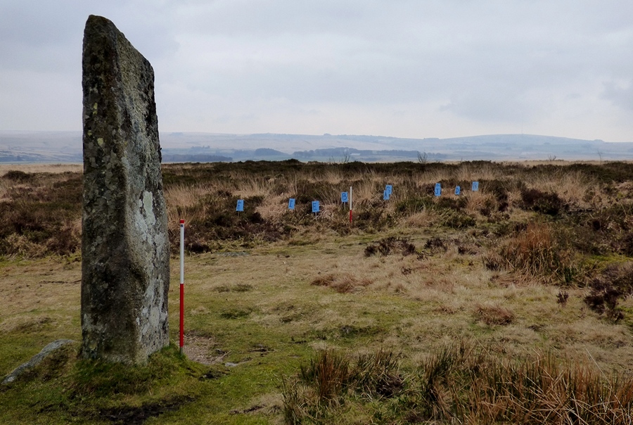 The large pillar at the upper end of Laughter Tor 1 with Laughter Tor 2 beyond denoted by blue flags. View from north east (Scales 1m). 