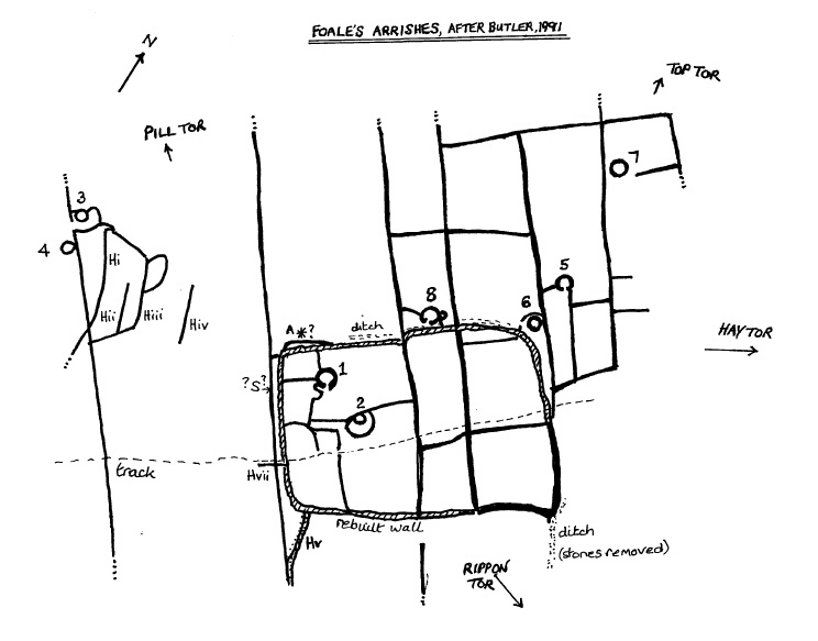 The plan of Foale's Arrishes hand-copied (not traced) from Butler's 'Dartmoor Atlas of Antiquities, Volume One - The East'.  Because it's hand-drawn the scale might be slightly out, but it will help to understand the layout if anyone is visiting.  Also the features in photos to be added to site page can be pinpointed.
(I've added the arrows pointing to various tors, and also noted where I found a