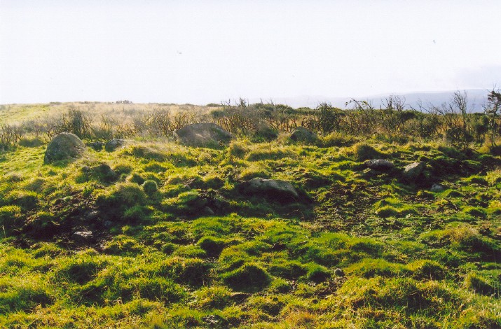 Cairn 1, looking towards 205 degs and the twin peaks of Honeybag and Chinkwell Tors (faded out, right of centre.)