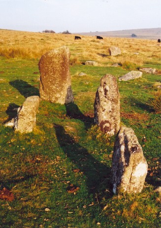 The lowering sun highlights the eastern blocking stone of Merrivale's north row about 5.30pm on 10th October 2007.