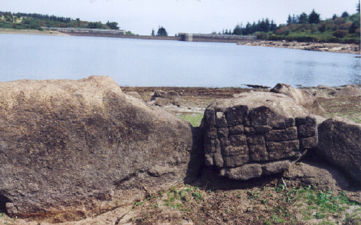 This is the inside of Hut 4 at Metherall.  The grid-like pattern on the face of the stone at 60 degs of the centre of its circle echoes the face of the stone that stands near Hut 5.  I wondered if this criss-cross effect was natural, or man-made.  This face looks towards 240 degs, and the face of the other stone (with an even more pronounced 'grater'-like face) looks towards 262 degs.  
(Compass-