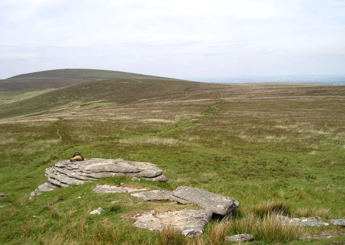 White Moor, Dartmoor, Devon

This is a view looking north from Hound Tor. The large hill on the left horizon is Cosdon Hill, and in front of this is Little Hound Tor. On the saddle of land in the foreground lies White Moor Stone Circle and its associated cairn and longstone. The track leads to the circle.