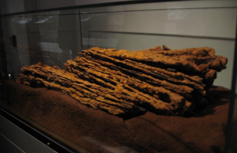The Coffinswell Hoard.  Iron currency bars at RAMM Exeter.  The display read:
