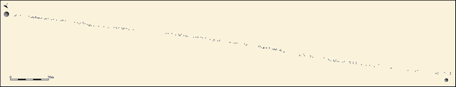Reduced plan of White Ridge stone row. Click on the image to enlarge.  (Source: Butler, J., 1991, 167 and hand held GPS survey by Sandy Gerrard).