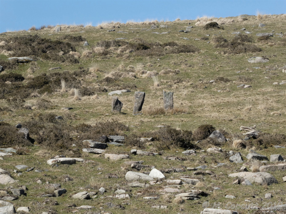 Zoomed in from the reservoir dam. 

This is an uncertain site, and it is not like any other prehistoric stone row on Dartmoor. I wondered whether it was part of some ancient settlement or industrial works, of which there are many in this area. As can be seen, there are many other stones around, many of which stand. 