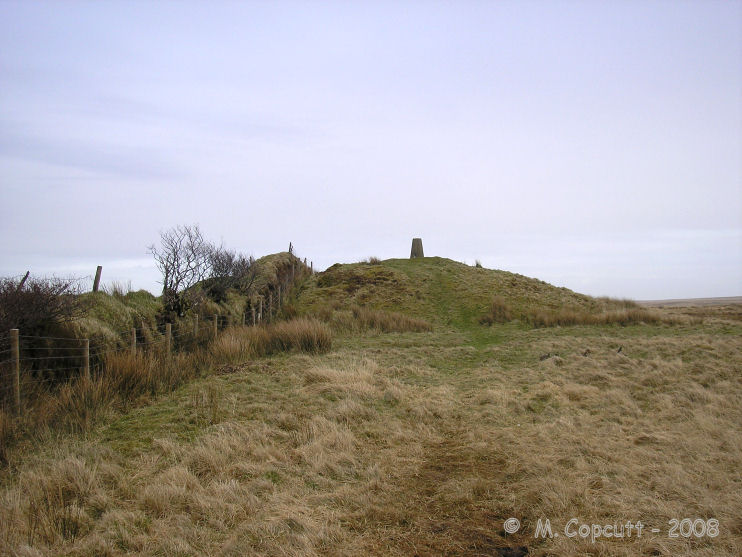 One of the largest barrows, on the highest point of the hill, has an Ordnance Survey trig point concreted onto its top, as well as the field boundary wall running up and over it. 
Other than that, it is still in a very fine condition, with remains of a ditch around the outside. 