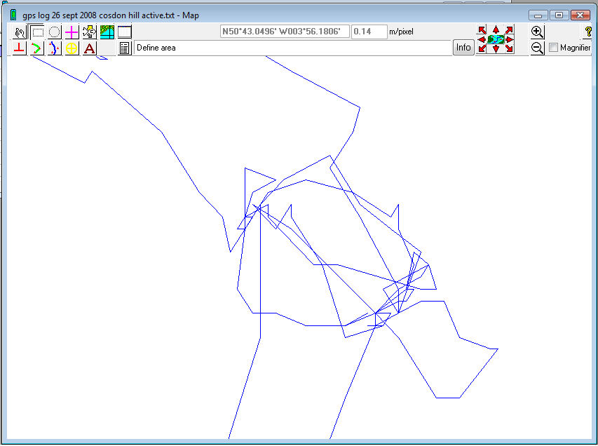 While clearing the data off my gps receiver before a trip to the Alps, I found this track of my walk out to try and find more about the possible stone circle I found several years ago.  
I was more than a little surprised to find this almost perfect record of my rucsacs wanderings around the circle that day. The circle shows up clearly !