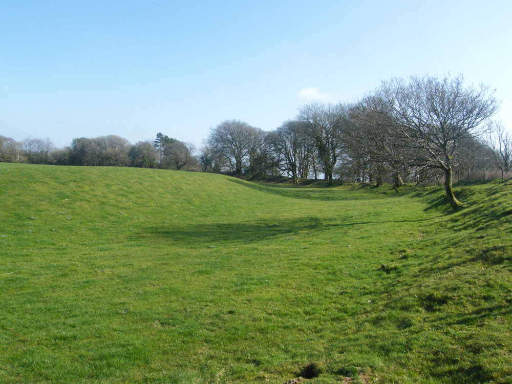Cadbury Castle, Devon, in fine spring weather- interior  of the hill fort with a good view of the internal bank. 