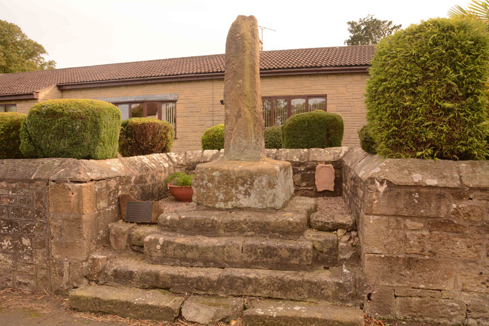 The Ulgham Cross, which is set in a recess in the roadside wall, near to the junction of the B1337 and Ulgham Lane.  It has an overall height of 3m, the plain (but weathered) cross shaft standing on four very old stone steps, which look as if they used to belong to an old village cross. 