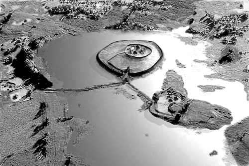 The Berth This reconstruction is based an an excellent aerial photograph of the the Berth owned by the Clwyd-Powys Archaeological Trust (CPAT 84-C-215) who gave us their permission to use it on our site. I've made ours black and white as I think it gives it an older, moodier feel.
Of course no Iron Age person would have seen this view, unless it was a Druid having an out-of-body experience. Only the loc