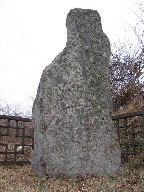 A menhir erected at the entrace of a village in Okcheoon County is believed to be a corporeal manifestation of a sentry god that keeps off disaters, or a guardian angel that ensures the village's rich harvest and peace......
There is a semi-circle inscribed on the low body of menhir.
Some of specialists tell us it is symbolized of a pregnant woman. By its peak shape as a soft or round one, it be