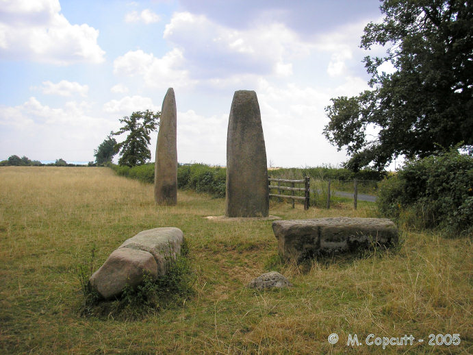 Near the side of the lane is a row of three superbly sculpted menhirs, the southern one being 5.5 metres tall, with several carved lines and cupmarks. 
 
The central menhir is about 4.5 metres tall, but has lost its top, while the northern menhir is fallen and broken (in actual fact it looks to have been cut up) and would perhaps have been bigger than its neighbours. 
 
The three menhirs are e