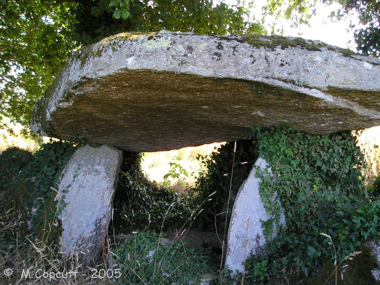 A pleasant little allée couverte which can be found round the back of the farm of the same name. Although the eastern end is very damaged, the passageway can be seen to be about 10 metres long. 