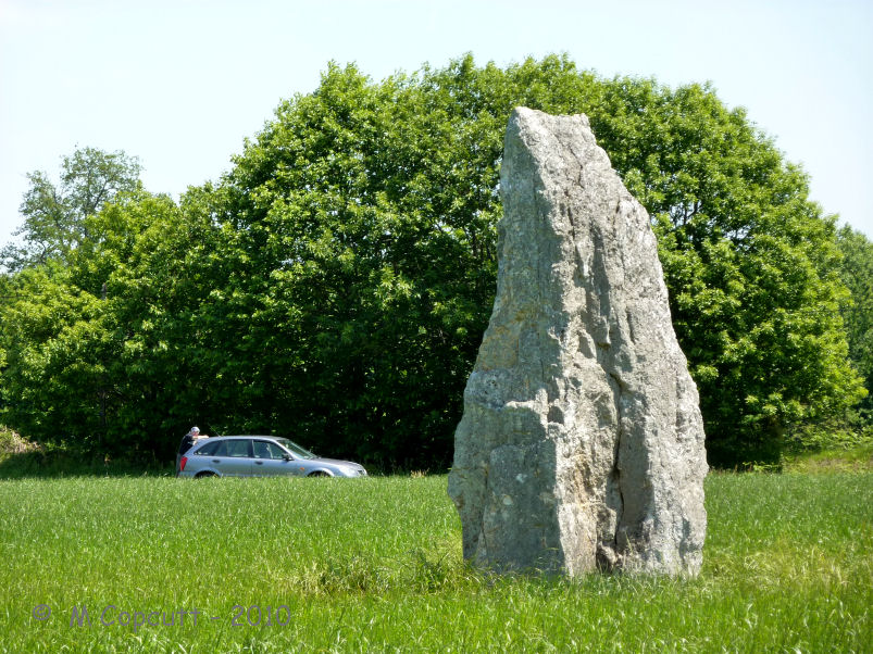 The Pierre Blanche of Pocé-les-Bois, south of Vitré, is a nice 4 metre tall menhir. It has a nice pointy top, and I wouldn’t be surprised if it has been hit and broken by lightning on occasion. 