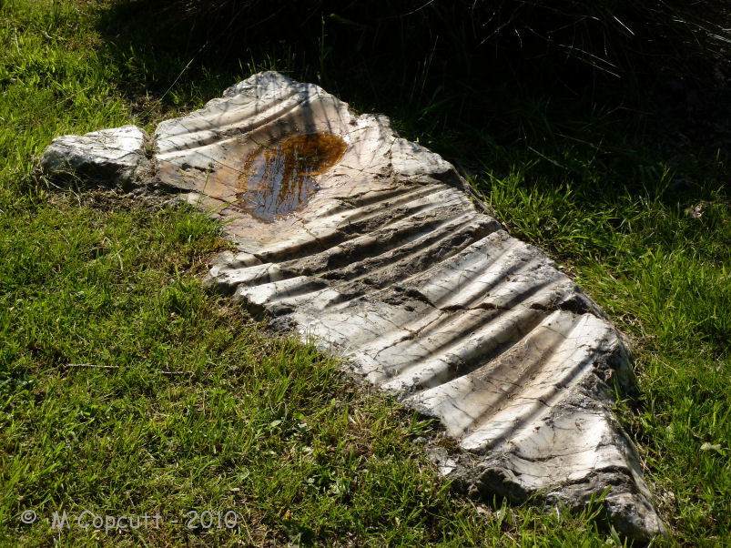 The stone is flat to the ground and about 1.2 metres long. On the top surface are 3 polishing basins, and 16 grooves. 