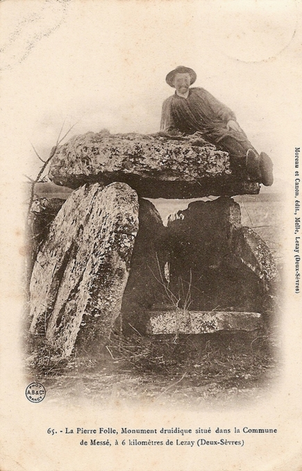 Dolmen de Messé The dolmen has been excavated in 1802.
It made part of the set with the dolmen de la Pierre levée of Lezay, the round tumulus of Russel, the two tumuli of Sainte Soline and the big dolmen de la Pierre Pèse of Limalonges.
This dolmen has been moved or destroyed by the owner of the field before 1984 (when the two tumuis of Sainte Soline were excavated) to gain some few extra meters for his c