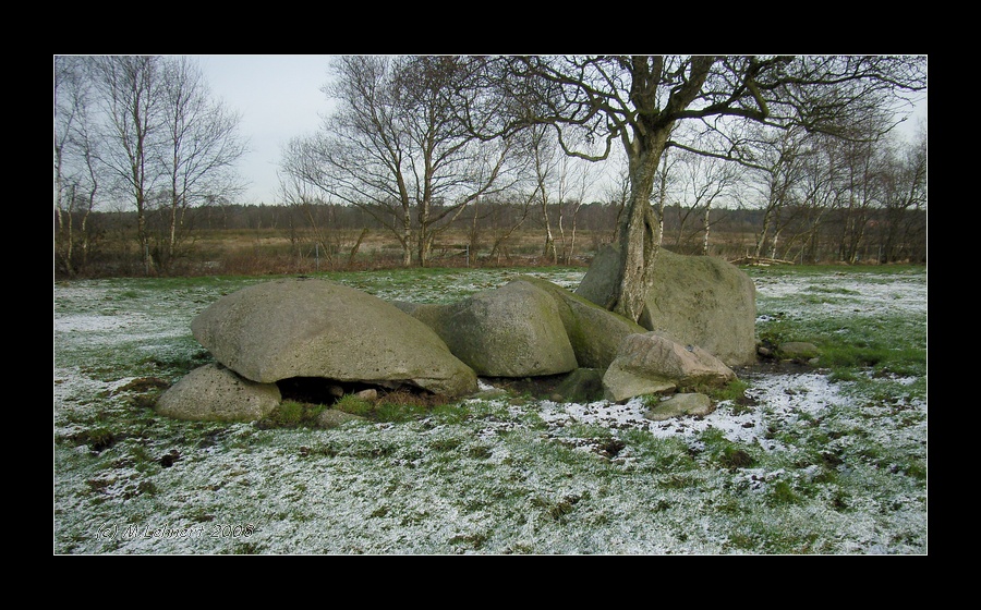 From the South: Perfectly preserved passage-grave with 4 chamber-capstones and one passage-capstone situated in moorland west of the village Wittstedt.
Chamber size is appr. 6,5m x 2m. Clear size will probably be appr. 5m x 1,5m.
According to Sprockhoff (Sprockhoff et al., Atlas der Megalithgräber Deutschlands, Teil 3, p. 7) it was discovered comparatively late (around 1910). It was very overgr