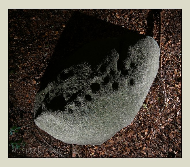 Aerial view.
Erratic boulder with 13 cup-marks on top. Oriented appr. East-West.  It seems to be deeply rooted and measures 1,8m by 1,20m at a visible height of 0,9m.

July 2010