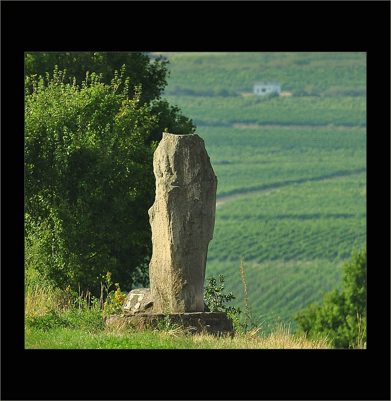 August 2019. The re-erected, but damaged neolithic menhir seen from the South. It has been found during roadworks in 1982 and the larger fragment has been re-erected in 1986. The smaller part is presented just beside it in the same concrete foundation.
Prehistorian Otto Gödel reported in Mitteilungen des Historischen Vereins der Pfalz Bd. 96. (my following translation is not exactly literal): du