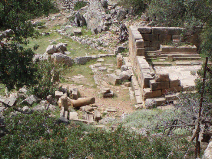 The Asklepion of Lissos, thought to have been built in the 3rd century BCE.  The mosaic floor is in remarkable condition, and the original spring - cool and crystal clear, with a strong hint of minerals to taste - is located among the broken columns and rubble in the middle left of the image.  The altar can be seen just beyond the mosaic floor.