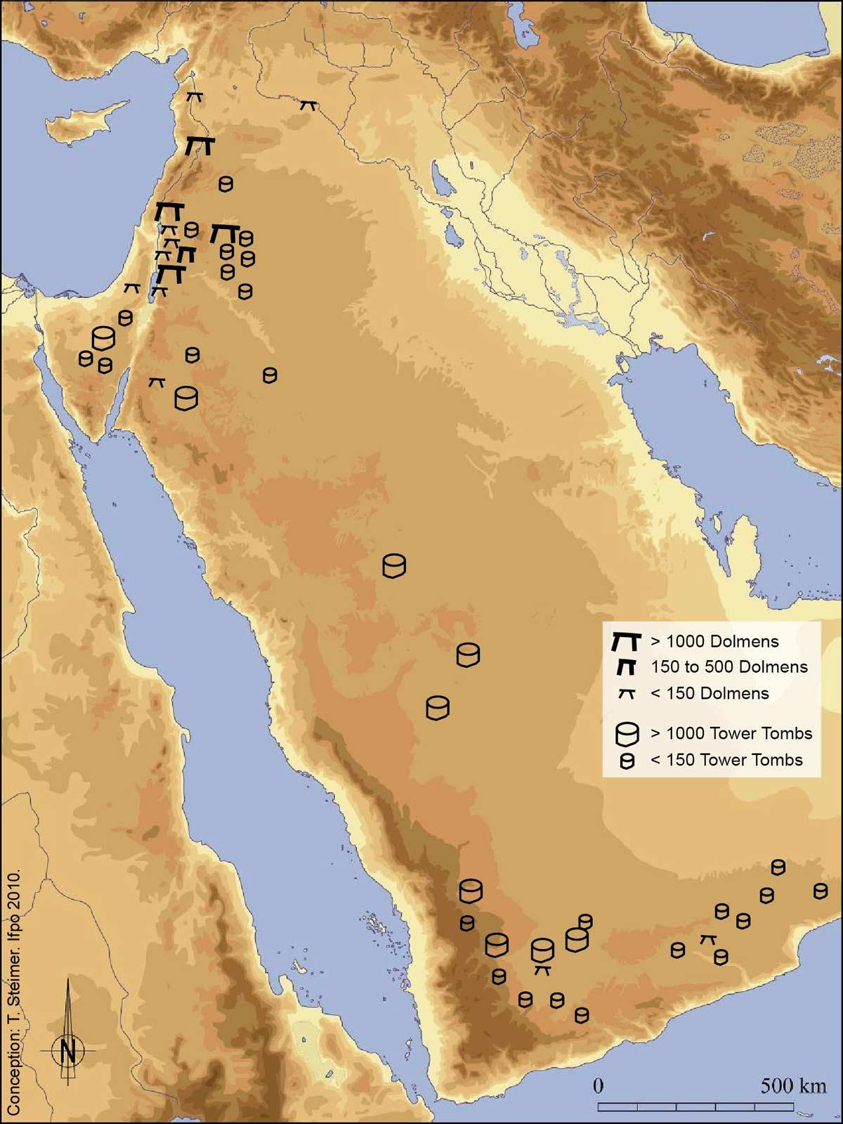 Distribution of the tombs, towers and dolmens of the ancient Bronze (-3 600 /-2 000) in the Levant and in the Arabian Peninsula. 

