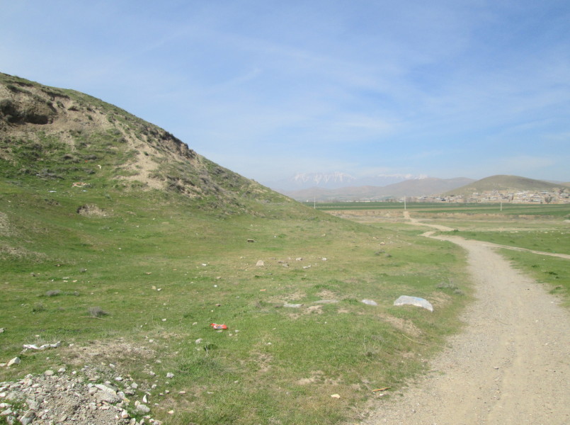 The base of the tepe on the southern (road) side of the site.  April 2014
