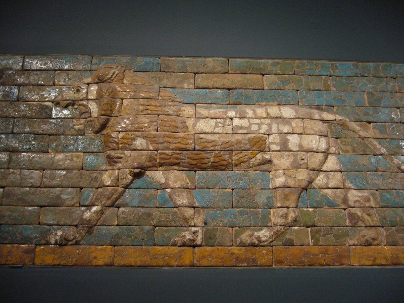 One of two Neo-Babylonian  panels showing striding lions dated to between 604 and 562 BC both now located in the Metropolitan Museum of Art, New York, gallery 404.  Photographed during a visit in September 2007