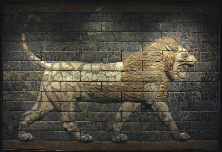 A lion from the throne room of the palace of King Nebuchadnezzar II (reigned 605-562 BCE) in Babylon.In the British Museum, on loan from the Vorderasiatisches Museum in Berlin.