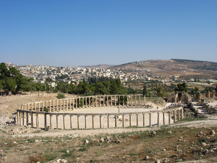 Roman colonnade in Jerash. The Persian attack in 614 AD and earthquake in 749 AD caused abandonment of the city (photo taken on September 2006).