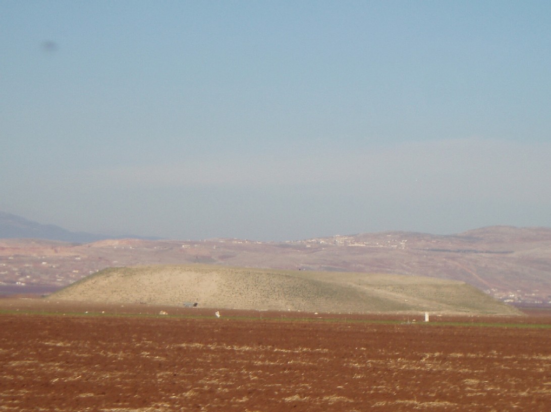 Unexcavated Tell, or mound from numerous layers of habitations. Only a fraction of Tells in Syria are excavated. The Syrian Governments puts a marker on them and attempts to keep looters away. Most major archeological sites in the region started like this.
In Turkey they are called Tepe or Hoyuk.