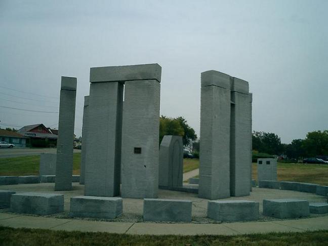 The University of Missouri-Rolla Stonehenge (UMR Stonehenge)

Erected in 1984 by Professor David Summers, this scaled down version of Stonehenge has 29.5 sarsen stones (1.5ft high) surrounded by 5 trilithons (13.5ft), a heel stone & 4 compass markers.

The stones were carved using a water-jet system developed by Prof. Summers, who said he believed the squared up, boxy aspect of the stones repr