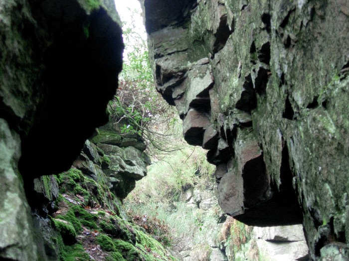 Lud's Church - Sir Gawain & The Green Knight A simulacrum of a face at Lud's Church, to be found near the end of the southern fork of the chasm. This is reputedly the image of Sir Gawain (red face), and opposing him is The Green Knight, a green face. This other face, supposedly of the Green Knight, is harder to make out but is arguably there. Lud's Church is claimed to be the location where the two fought each other.