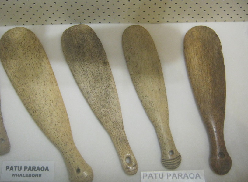 A collection of patu (fighting clubs).  June 2014.