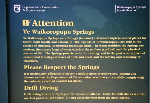 Te Waikoropupu Springs are the legendary home and resting place of Huriawa, one of the three main taniwha (guardian spirits) of Aotearoa (New Zealand).  Huriawa being both wise and brave, uses her mana to dive deep into land and sea to clear blocked waterways.
For hundreds of years Huriawa has cared for the waters of these springs aided only by her children but today, the Department of Conservati