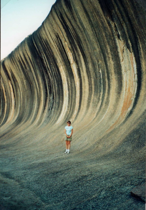 Photo illustrating the height of Wave Rock with Jill my wife in the foreground.  March 2003