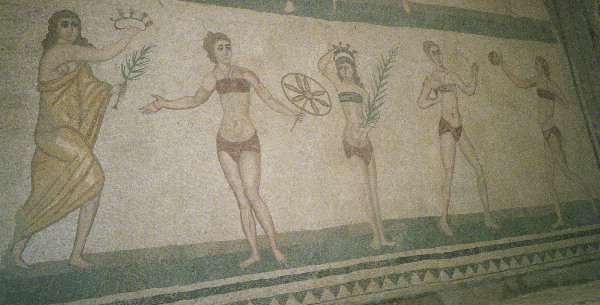 Remains of former high ranking Villa in central Sicilly near casale. This 3-4th century CE villa was buried under mud when the nearby hill collapsed on top of it. This admirably preserved the mosaics, though the structure is heavily damaged if not missing. It's discovery caused a sensation in 1929. At the time it was thought it belonged to an emperor, but now scholars are a little more cautious wi