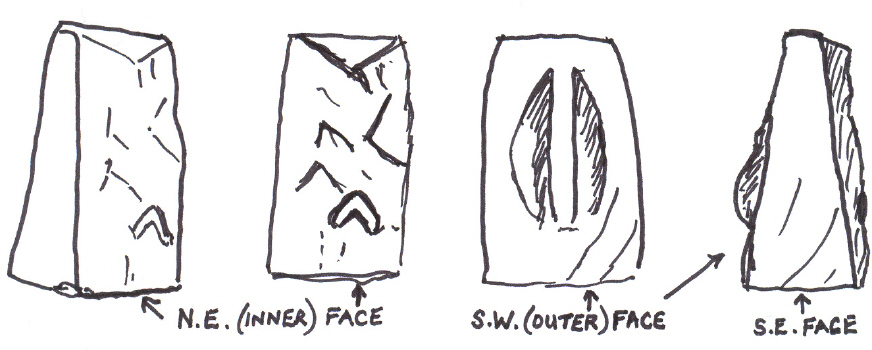 Stonehenge. The faces of Stone 16 at the SW of the Sarsen circle. This quick sketch for another project might be useful to roughly highlight the features I've photographed and posted earlier on this website.
I'm sure this 'Goddess/fertility-feature' stone was a major ritual focal point while the circle was at the height of its importance.