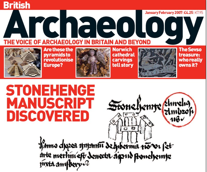 The newly discovered Medieval image of Stonehenge, on the cover of the Jan/Feb 2007 issue of British Archaeology Magazine