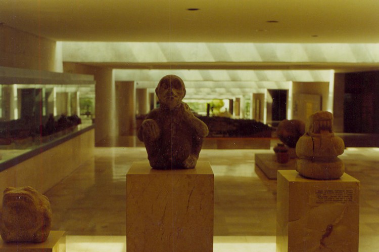 Museo de Antropologia de Xalapa Three animal sculptures - on the right there is a snake from Late Pre-Classic period (400 BC - 200 AD), in the middle a monkey from Late Classic period (600 - 900 AD), on the left you can see a Late Classic frog (photo taken on March 2002).
