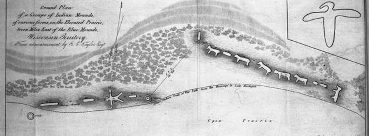 A map diagram of Indian effigy mounds seven miles east of Blue Mounds in the Wisconsin Territory produced in 1838. Wisconsin Historical Society Image 5173.
