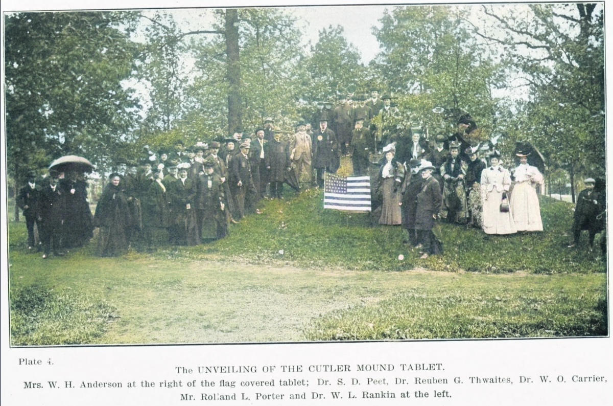 Ceremony at the Cutler Mound where the Waukesha, Wisconsin Women's Club placed a bronze marker at the mound in 1906. The city had 55 mounds and the county had 411 mounds.  Photo courtesy Dr Greg Little, author of the Illustrated Encyclopedia of Native American Indian Mounds & Earthworks (2016). 
