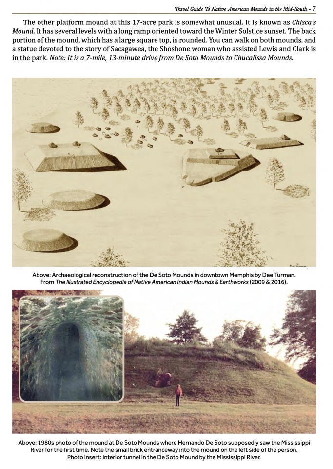 Page from Forgotten History Mound Tour guide on Chickasaw mounds (AKA De Soto Mounds) in Memphis.  
Photo courtesy Dr Greg Little, author of the Illustrated Encyclopedia of Native American Indian Mounds & Earthworks (2016). 
