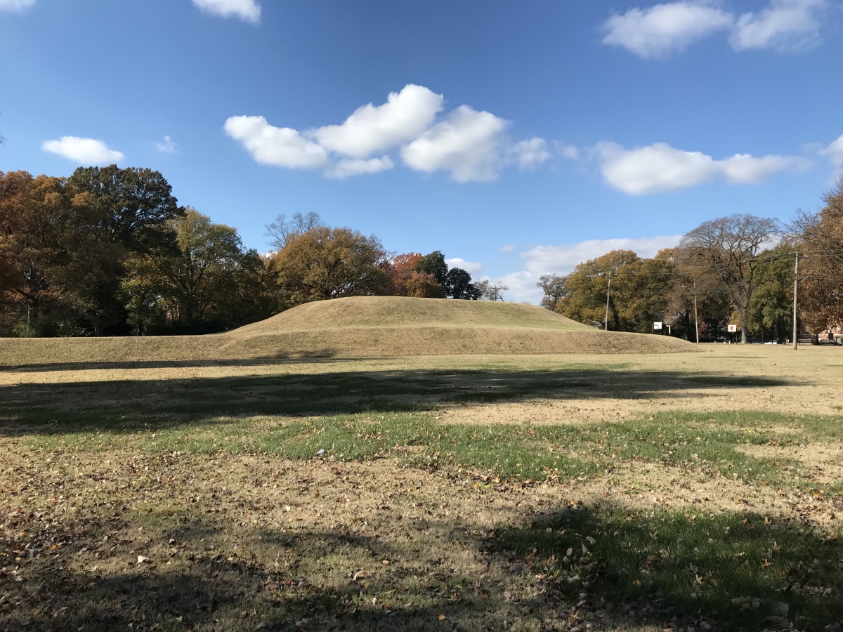 This is a really well formed platform mound, one of two at the site, in downtown Memphis, Tennessee next to the Mississippi River. It is thought by some to be the site where Hernando de Soto first saw the Mississippi River.  Photo courtesy Dr Greg Little, author of the Illustrated Encyclopedia of Native American Indian Mounds & Earthworks (2016). 
