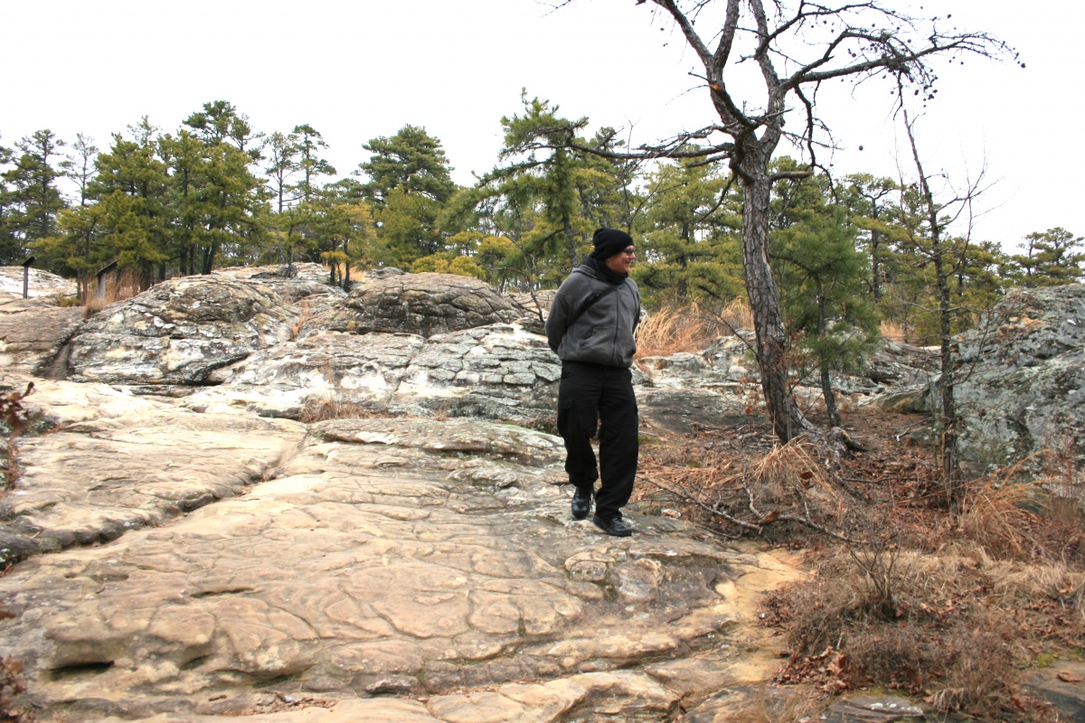 British author Andrew Collins at Turtle Rocks in Petit Jean State Park in Arkansas. In this area are over a dozen rocks that look like the top of a turtle shell. A pathway leads to a rock shelter with many rock paintings. The park has over a dozen such sites.   Photo courtesy Dr Greg Little, author of the Illustrated Encyclopedia of Native American Indian Mounds & Earthworks (2016). 
