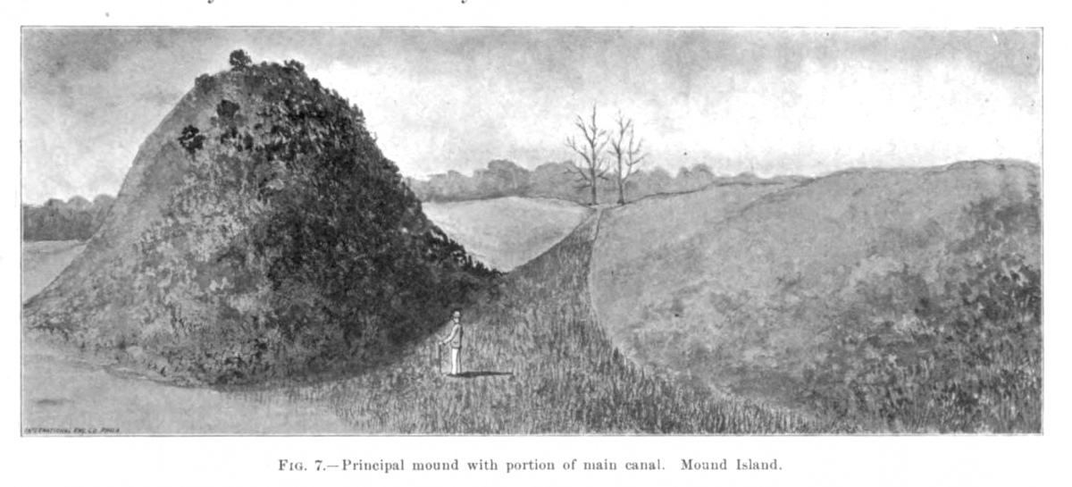 C. B. Moore excavated a few hundred mounds on the west coast of Florida. This illustration (1900) depicts one of the large shell mounds on Mound Island in Estero Bay. The island (128 acres) was covered with dozens of such mounds some reaching 60 feet in height.  Photo courtesy Dr Greg Little, author of the Illustrated Encyclopedia of Native American Indian Mounds & Earthworks (2016). 
