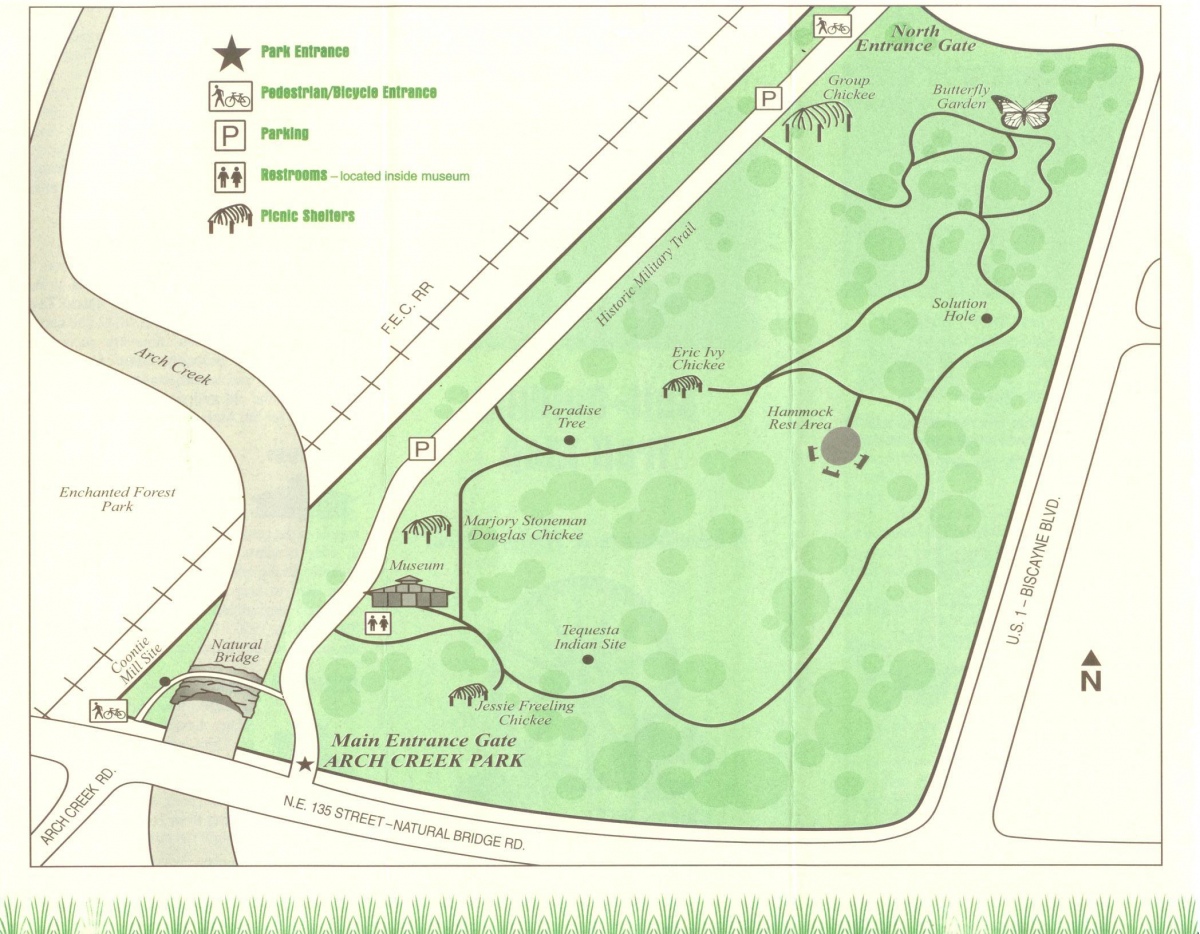 Map of Arch Creek park showing midden locations.  Source:  Miami-Dade Co. (.gov)