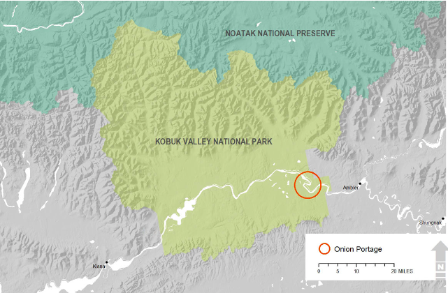 Map showing approximate location of the Onion Portage site within the Park.  NPS map photo.