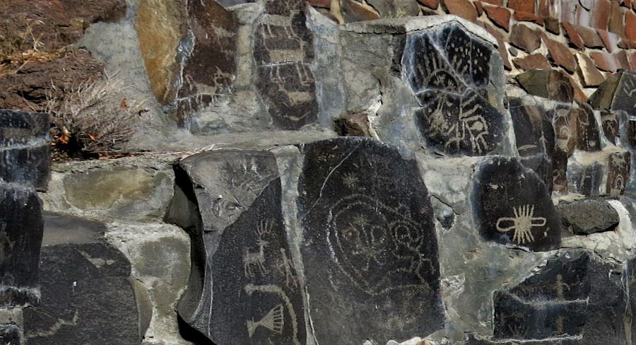 Vantage Petroglyphs: Native American rock art located near Columbia River in Central Washington State, U.S. Removed from original site, which is now covered by the waters of Wanapum Reservoir.