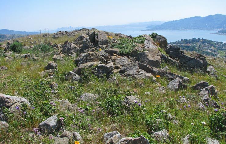 Ceremonial cairn in ruin atop Ring Mountain. This is the view looking east-south-east.