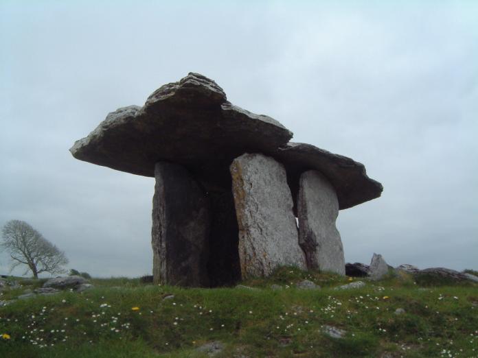 M 236003
An imposing portal tomb set in a bleak limestone pavement. The thin capstone measures 12' x 7' and is raised to a height of almost 6' by portal slabs.

[This is the most accessible of all The Burren's tombs - being alongside a main road - so do get there early to avoid all the coachloads of tourists!]